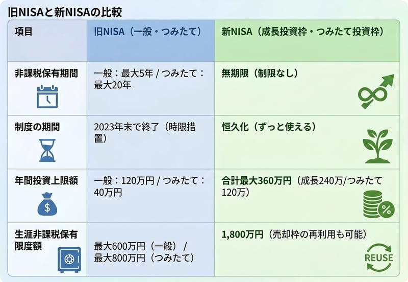 NISA：旧制度と新制度の比較表