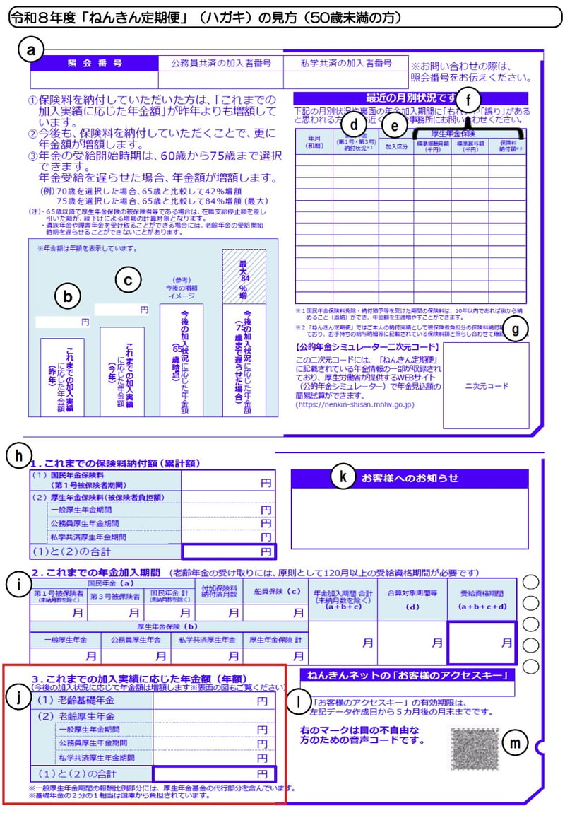 【50歳未満の方向け】ねんきん定期便（ハガキ）