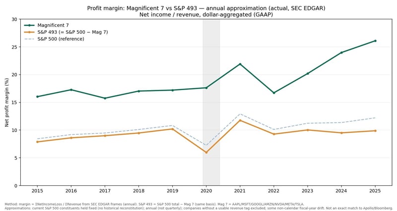 Mag7とS&P493（S&P500からMag7を除いた493社）の純利益率の推移