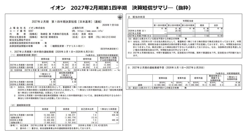 イオン　2027年2月期第1四半期　決算短信サマリ―（抜粋）